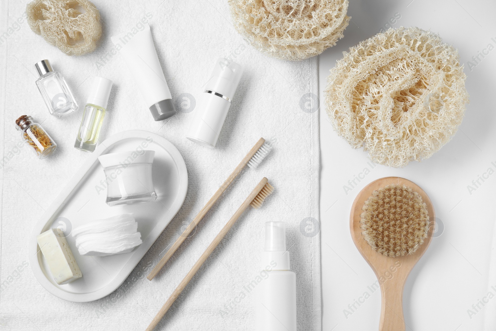 Photo of Bath accessories. Flat lay composition with personal care products on white background