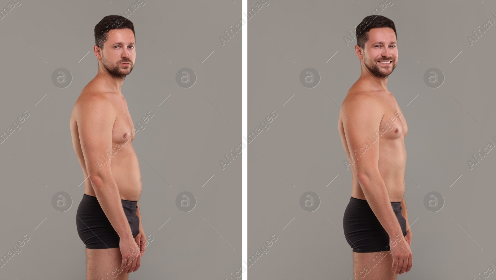 Image of Collage with portraits of man before and after weight loss on grey background