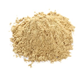 Photo of Heap of aromatic mustard powder on white background