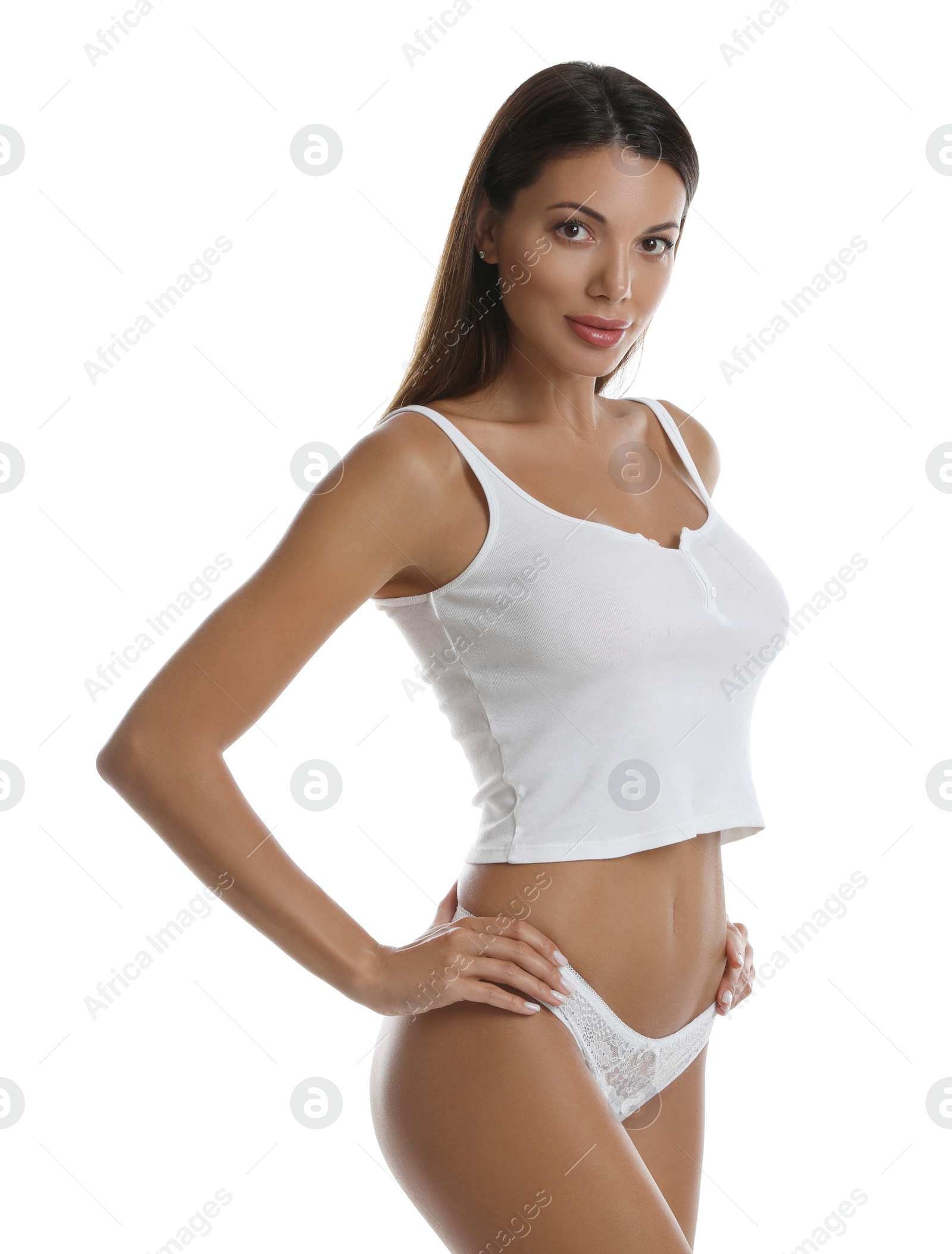 Photo of Beautiful woman in sexy panties and top on white background