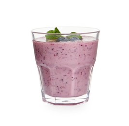 Photo of Tasty blueberry smoothie in glass on white background