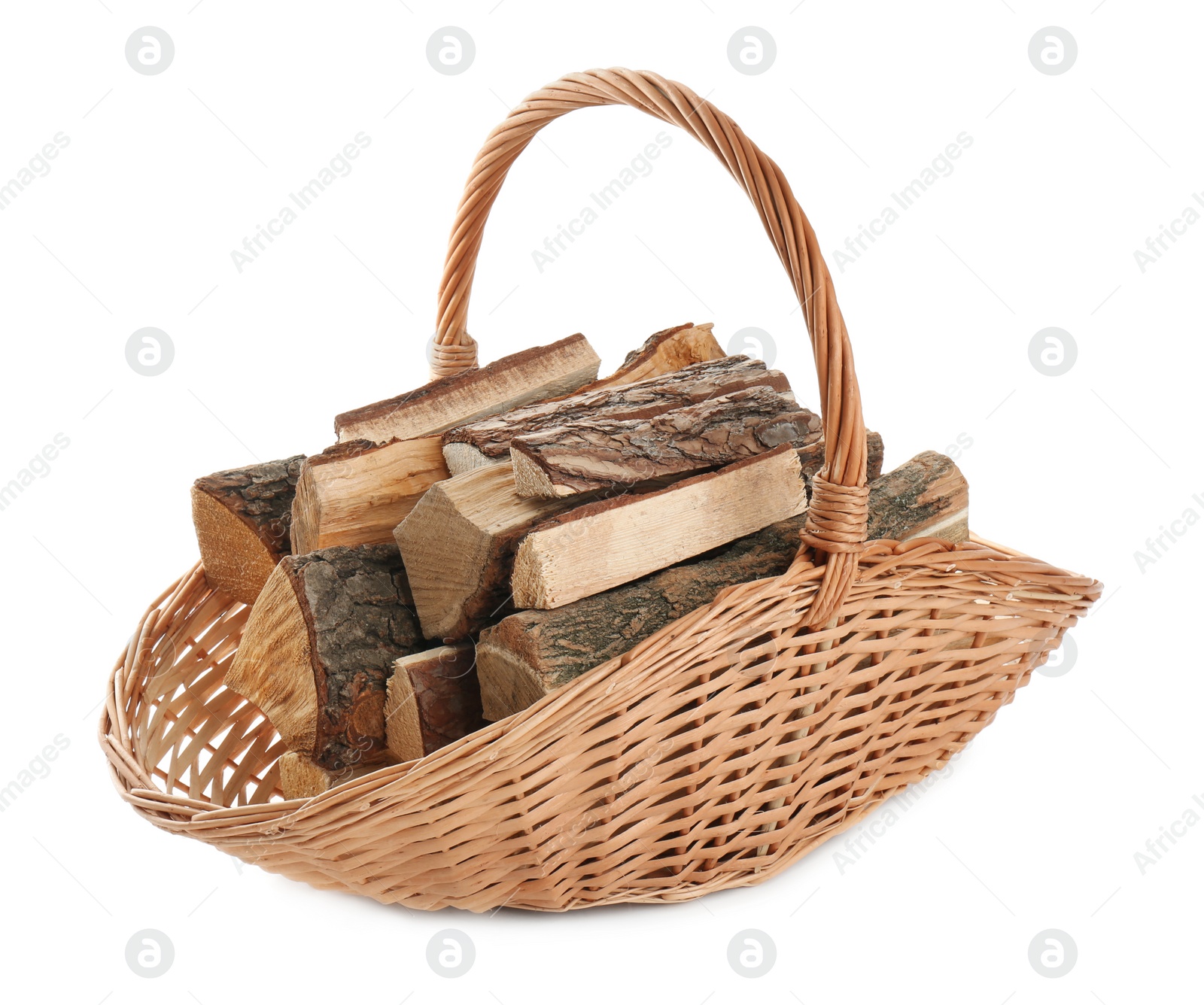 Photo of Wicker basket with firewood on white background