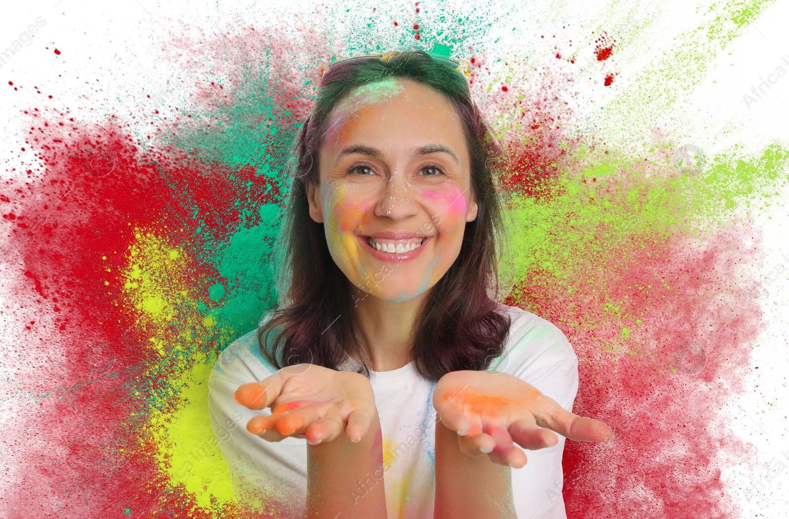 Image of Holi festival celebration. Happy woman covered with colorful powder dyes on white background