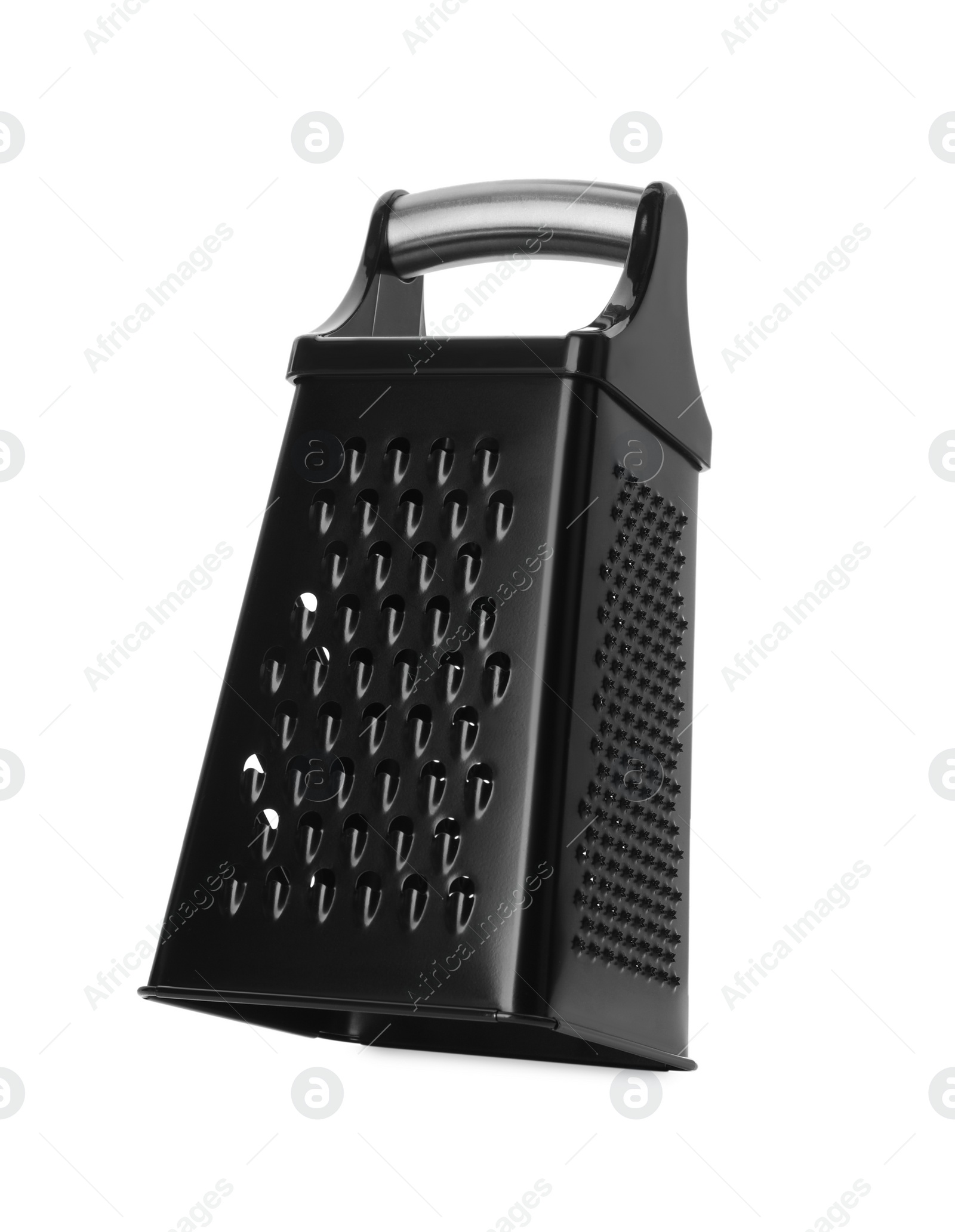 Photo of Stainless steel grater on white background. Kitchen utensil