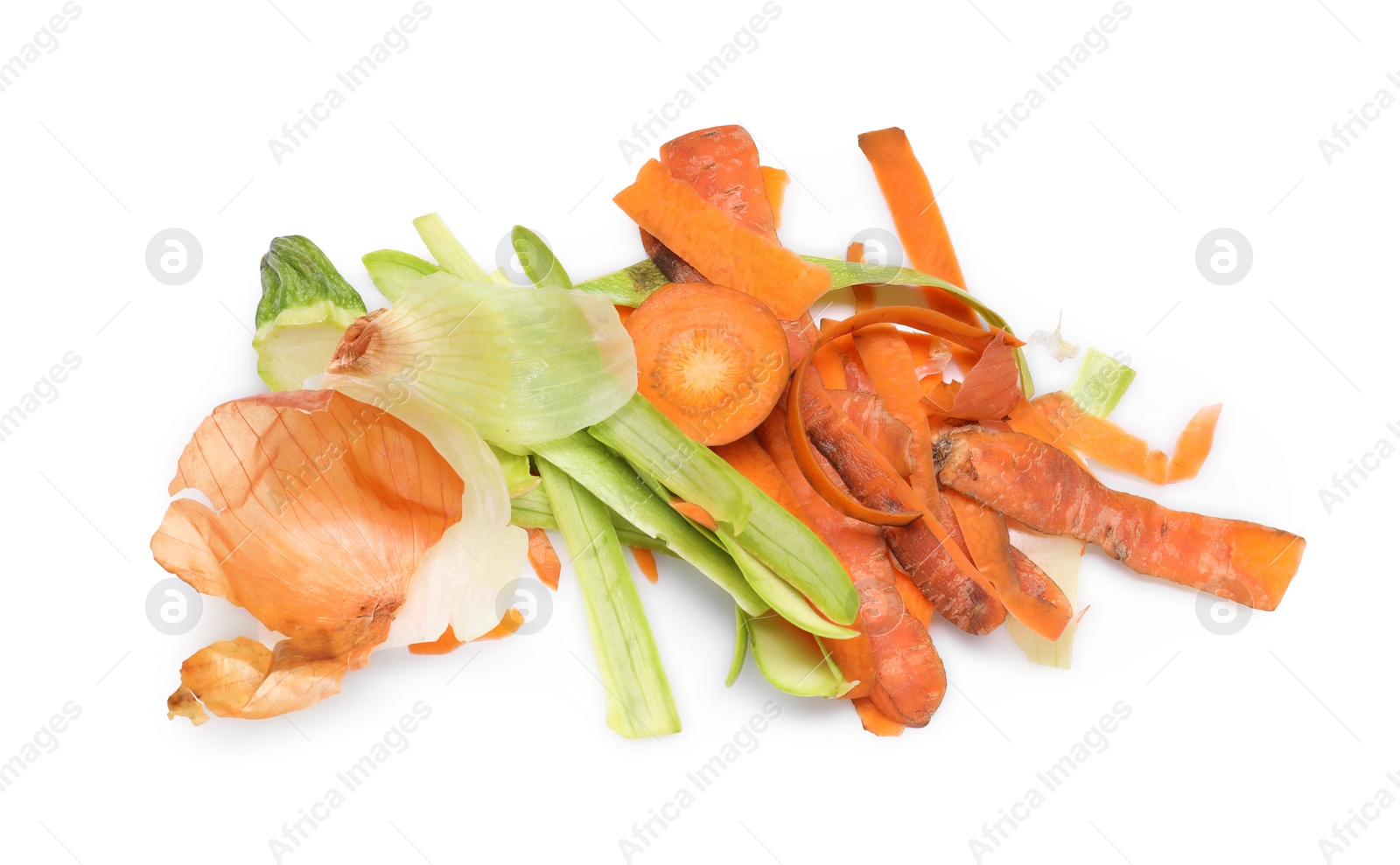 Photo of Peels of fresh vegetables isolated on white