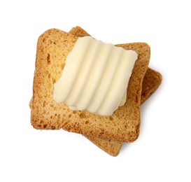 Photo of Tasty butter curl and pieces of dry bread isolated on white, top view