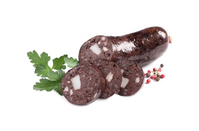 Cut tasty blood sausage with parsley and pepper on white background