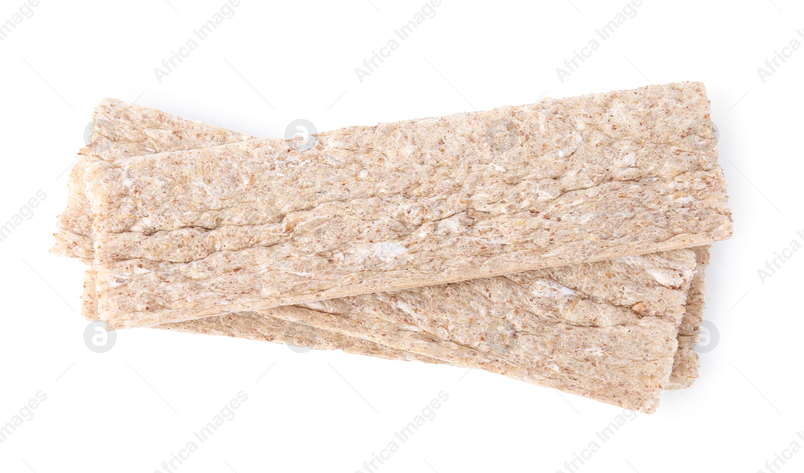 Photo of Tasty fresh rye crispbreads isolated on white, top view