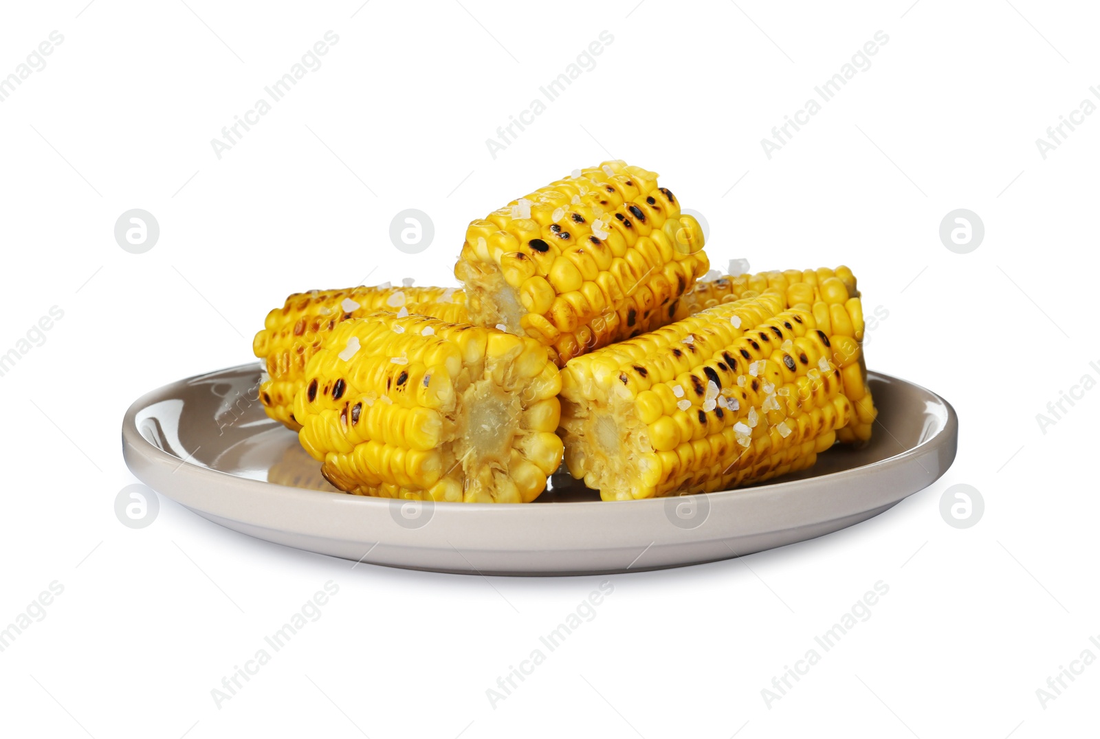 Photo of Plate with tasty grilled corn cobs on white background