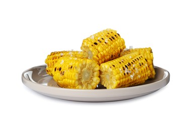 Plate with tasty grilled corn cobs on white background