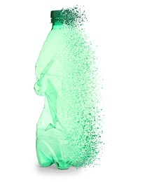 Image of Empty green bottle vanishing on white background. Plastic decomposition
