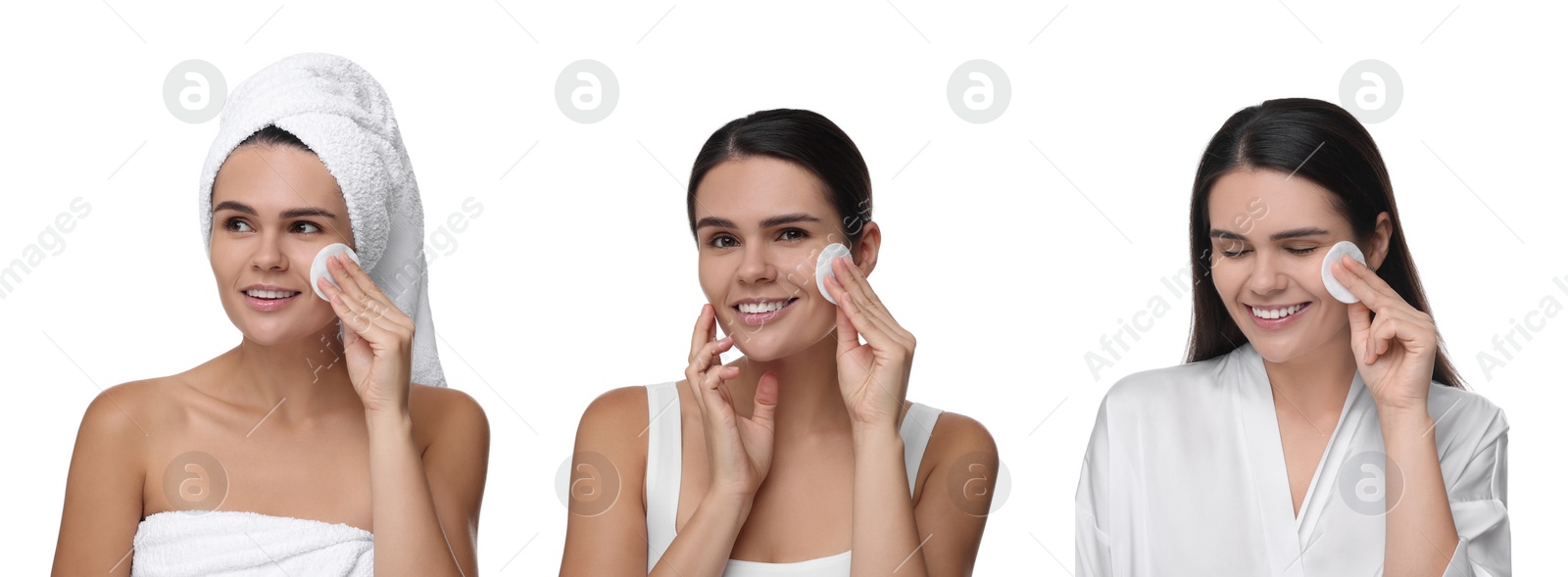 Image of Woman cleaning her face with cotton pads on white background, set of photos