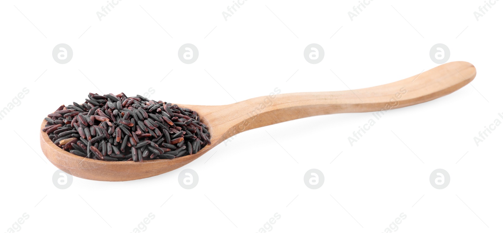 Photo of Brown rice in wooden spoon isolated on white