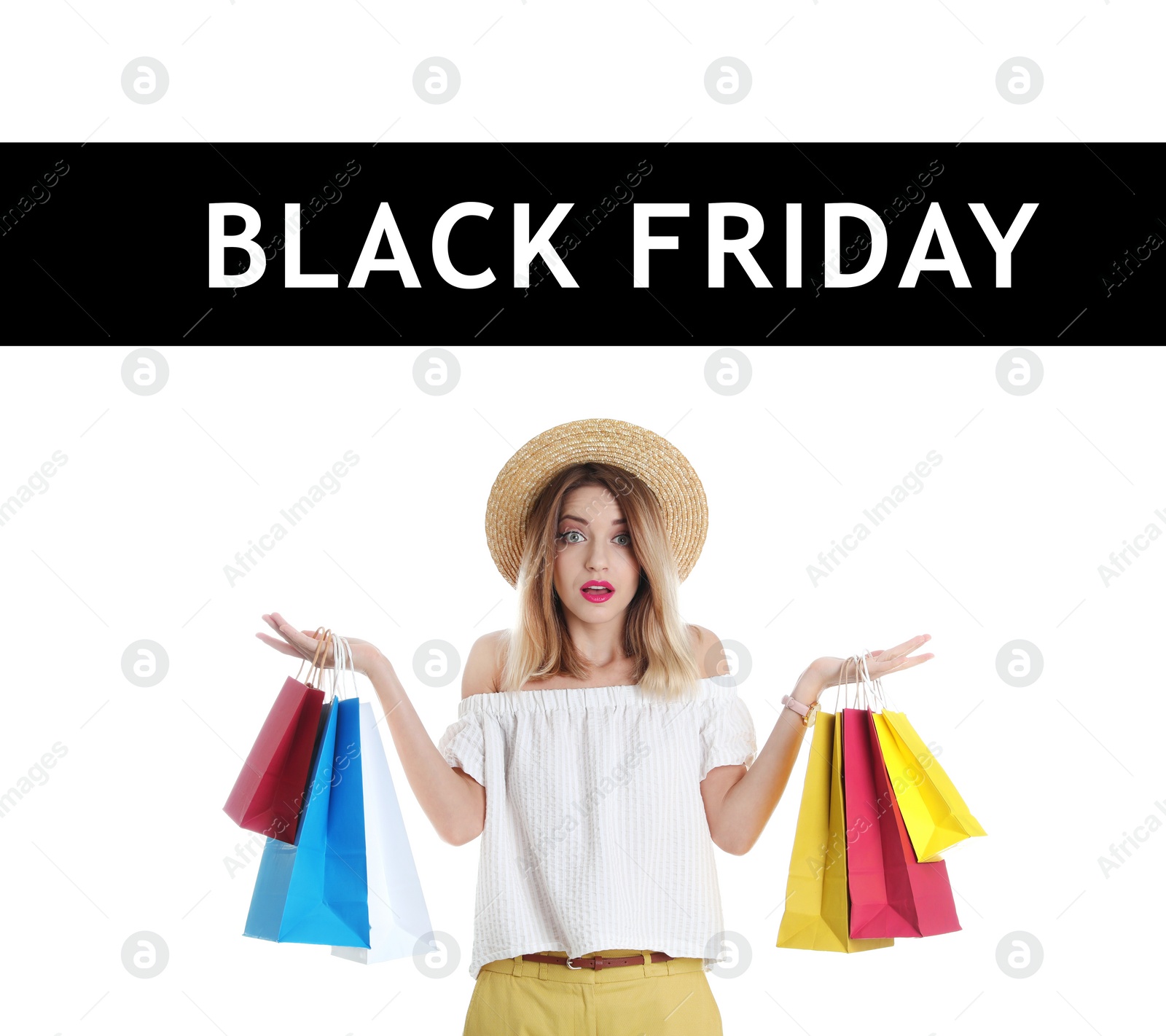 Image of Black Friday Sale. Beautiful young woman with shopping bags on white background 
