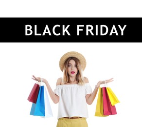 Image of Black Friday Sale. Beautiful young woman with shopping bags on white background 