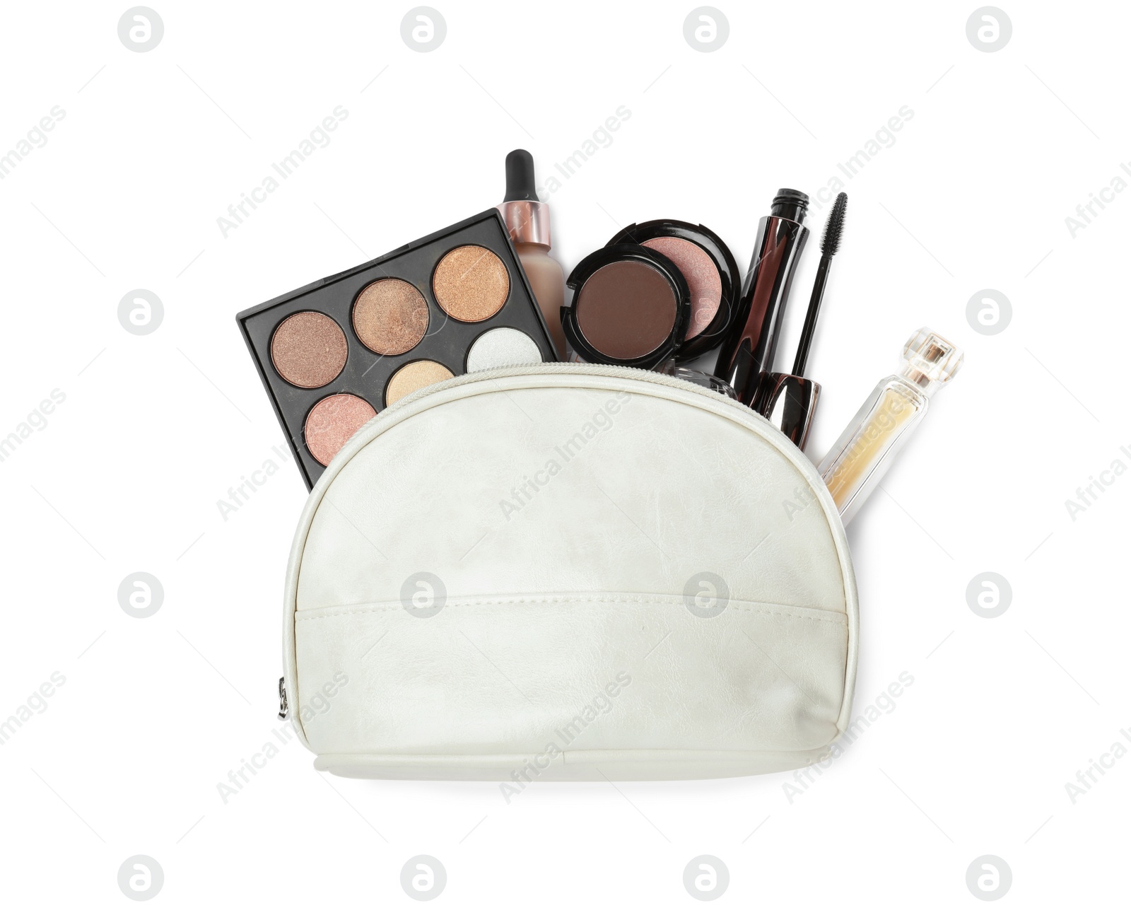 Photo of Stylish cosmetic bag with makeup products on white background, top view