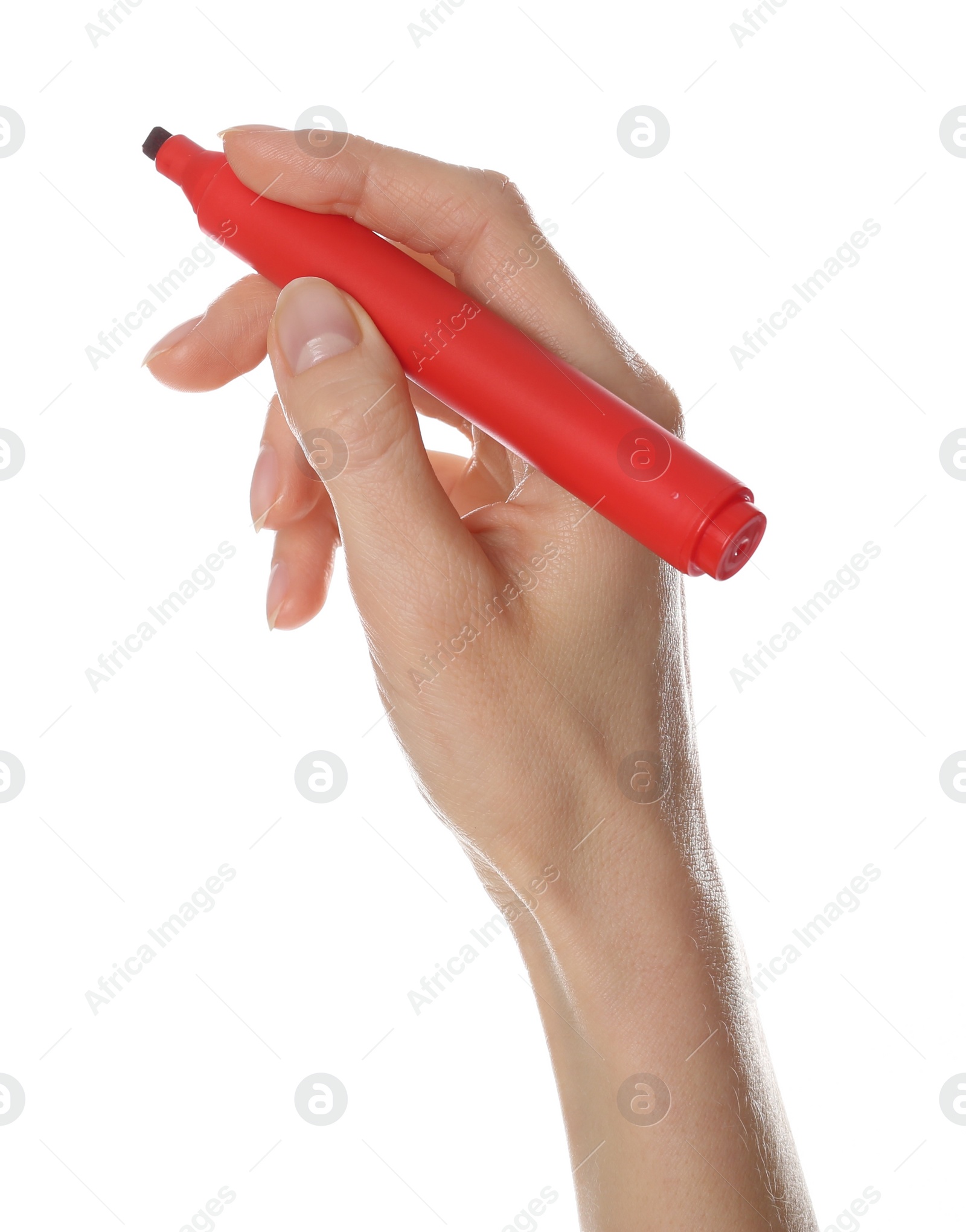 Photo of Woman holding red marker on white background, closeup