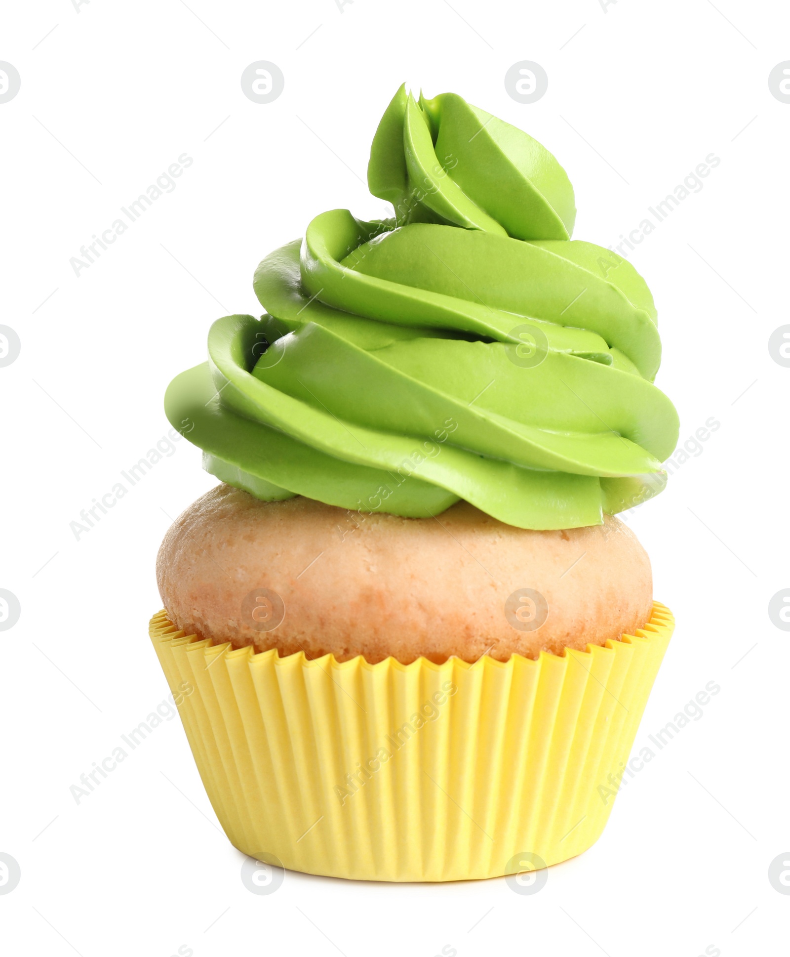 Photo of Delicious birthday cupcake with buttercream isolated on white