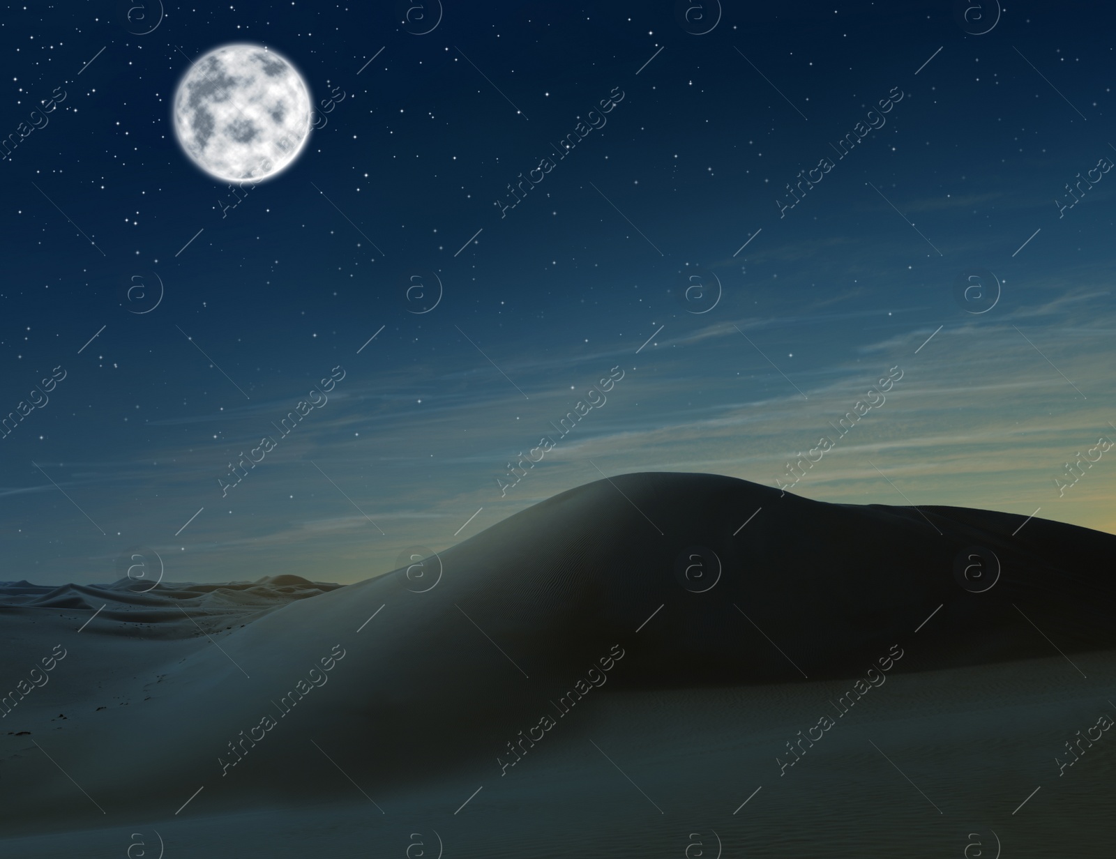 Image of Scenic view of sandy desert under starry sky with full moon in night 