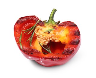 Photo of Half of grilled bell pepper and rosemary isolated on white, above view