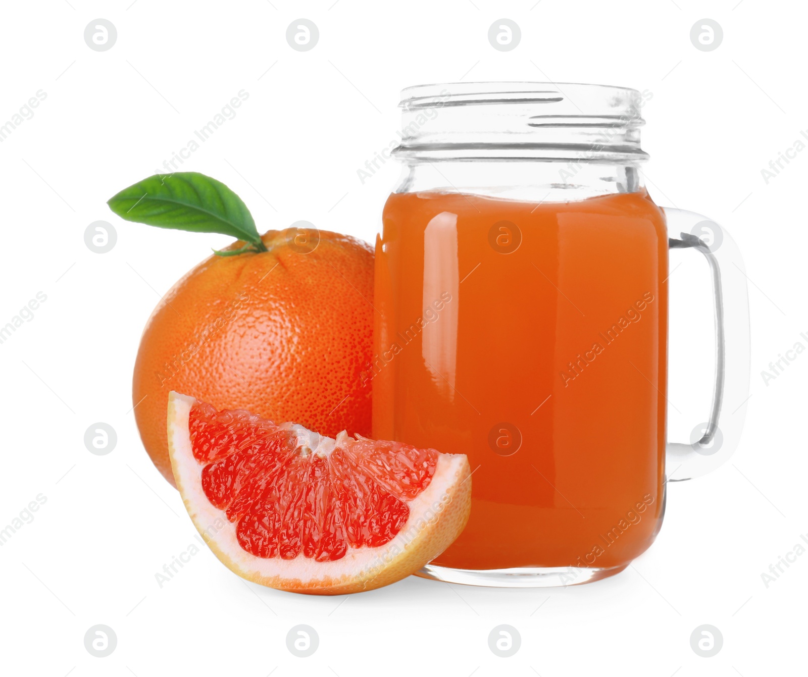 Photo of Tasty freshly made grapefruit juice and fruits on white background