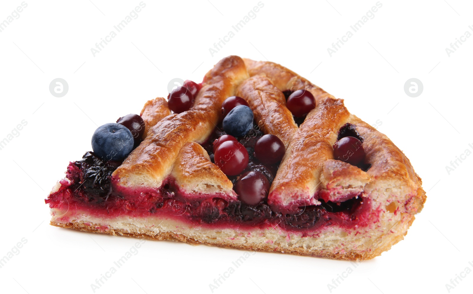 Photo of Piece of delicious currant pie and fresh berries isolated on white