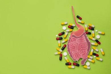 Photo of Paper cutout of small intestine and pills on light green background, flat lay. Space for text
