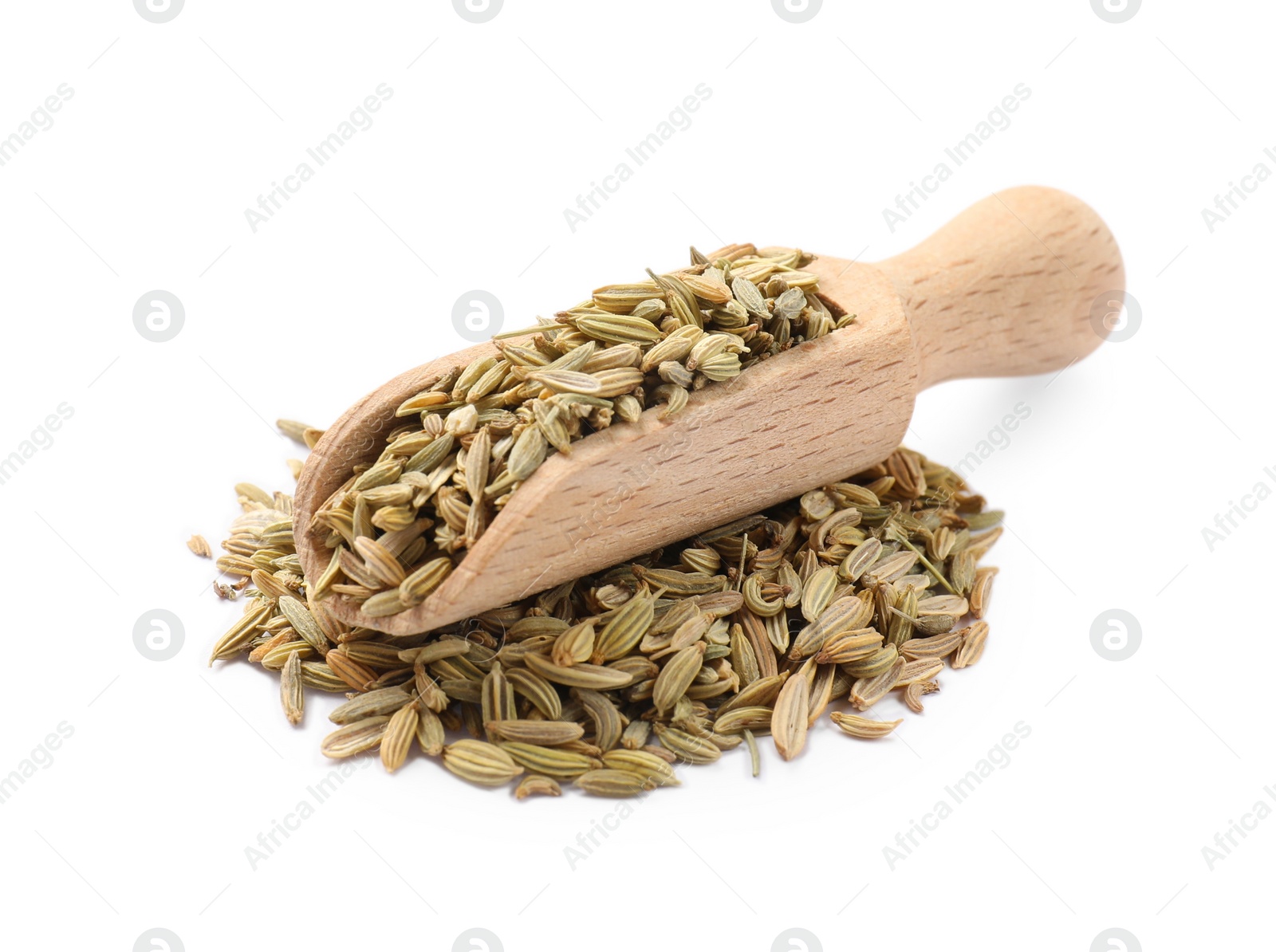 Photo of Scoop with dry fennel seeds isolated on white