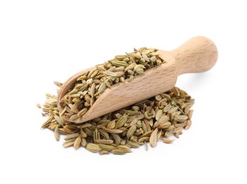 Scoop with dry fennel seeds isolated on white