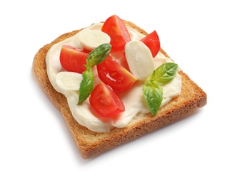 Tasty toast bread with cream cheese and cherry tomatoes on white background