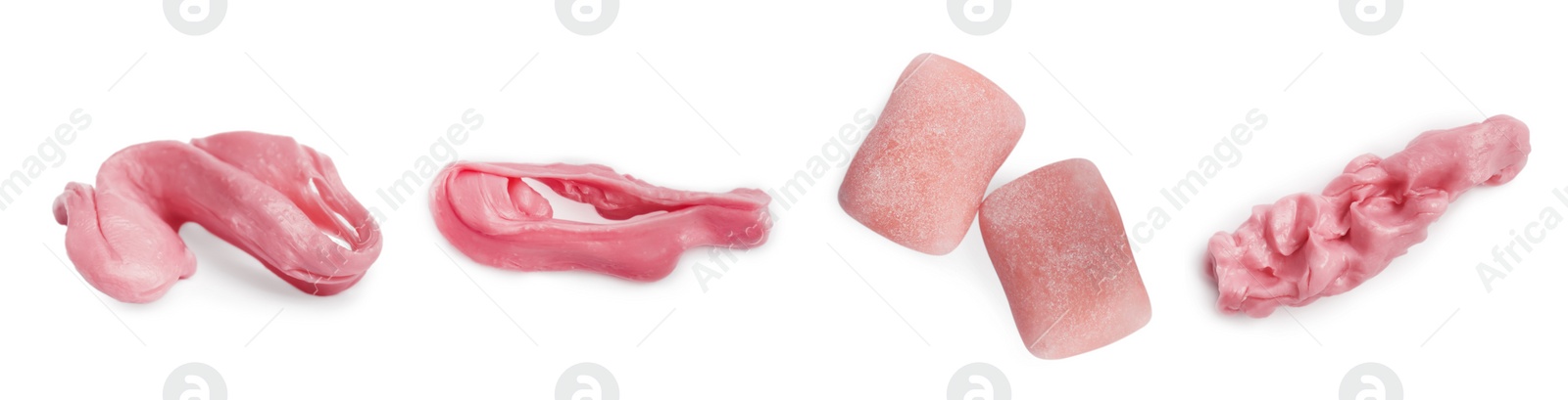 Image of Set with used chewing gums and new ones on white background. Banner design