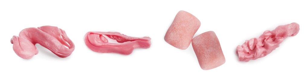 Image of Set with used chewing gums and new ones on white background. Banner design