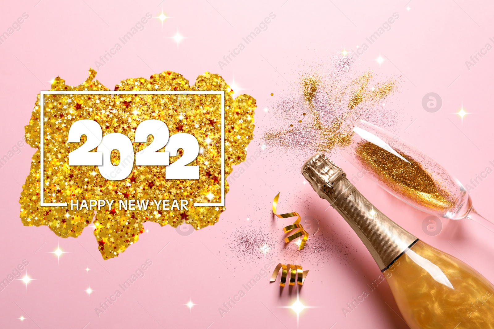 Image of Happy New 2022 Year! Flat lay composition with bottle of sparkling wine on pink background