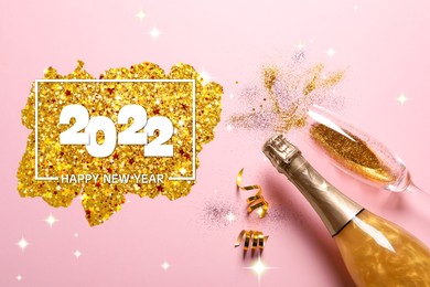 Image of Happy New 2022 Year! Flat lay composition with bottle of sparkling wine on pink background