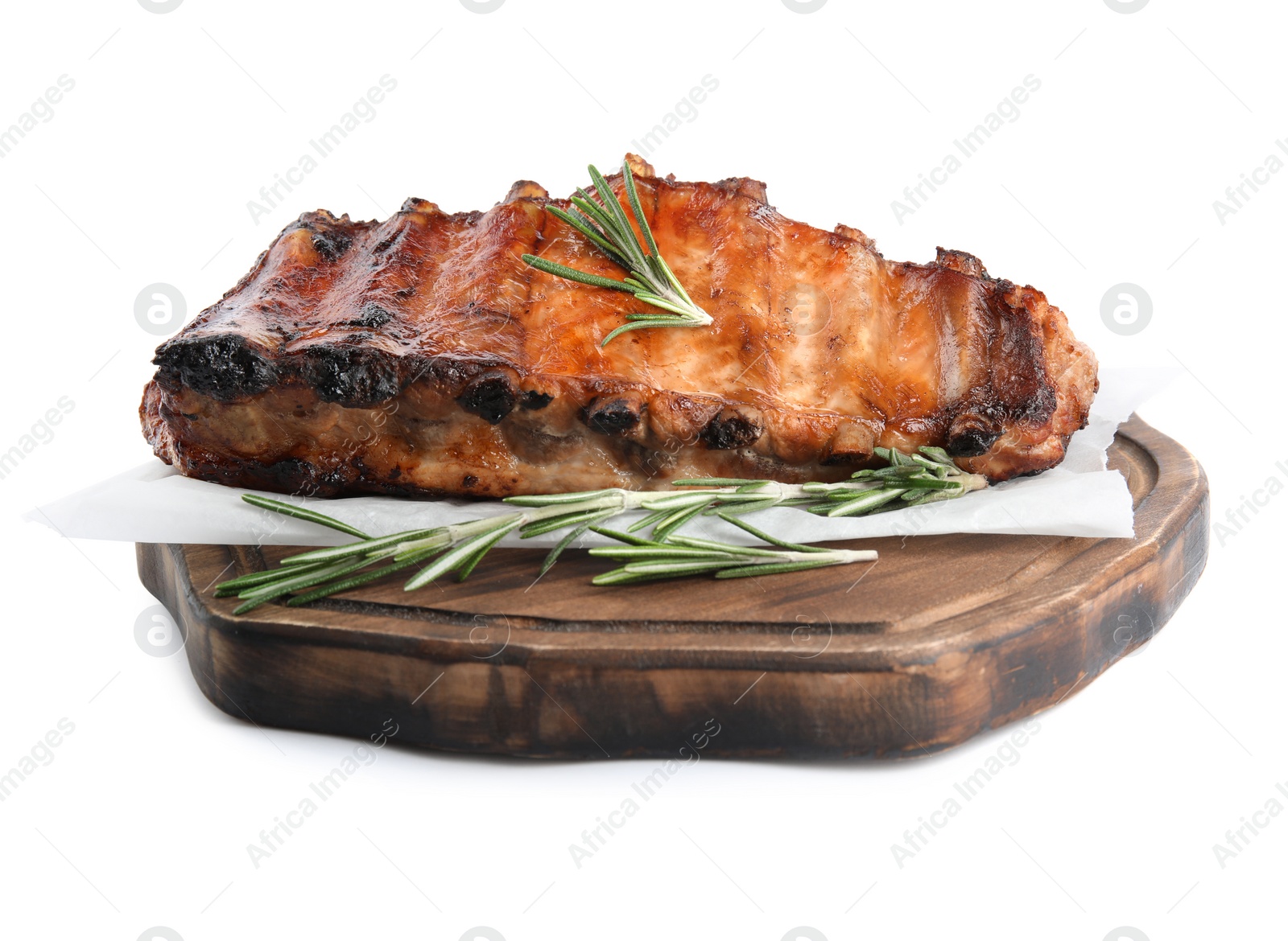 Photo of Tasty grilled ribs with rosemary isolated on white