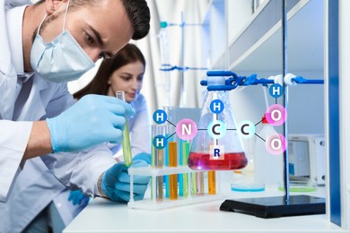 Image of Amino Acids chemical formula, illustration. Scientist taking test tube from rack in laboratory 