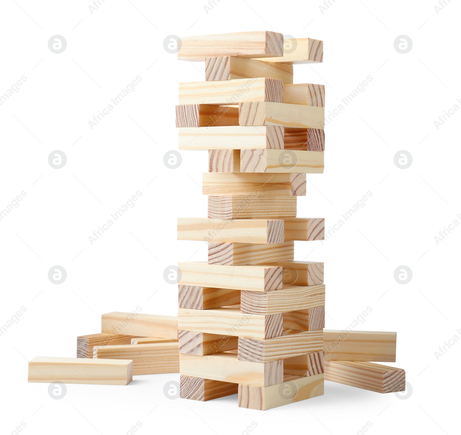 Photo of Jenga tower made of wooden blocks on white background