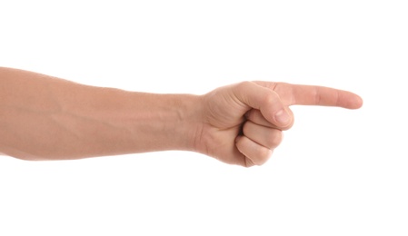 Man pointing at something on white background, closeup of hand