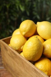Fresh lemons in wooden crate against blurred background, closeup