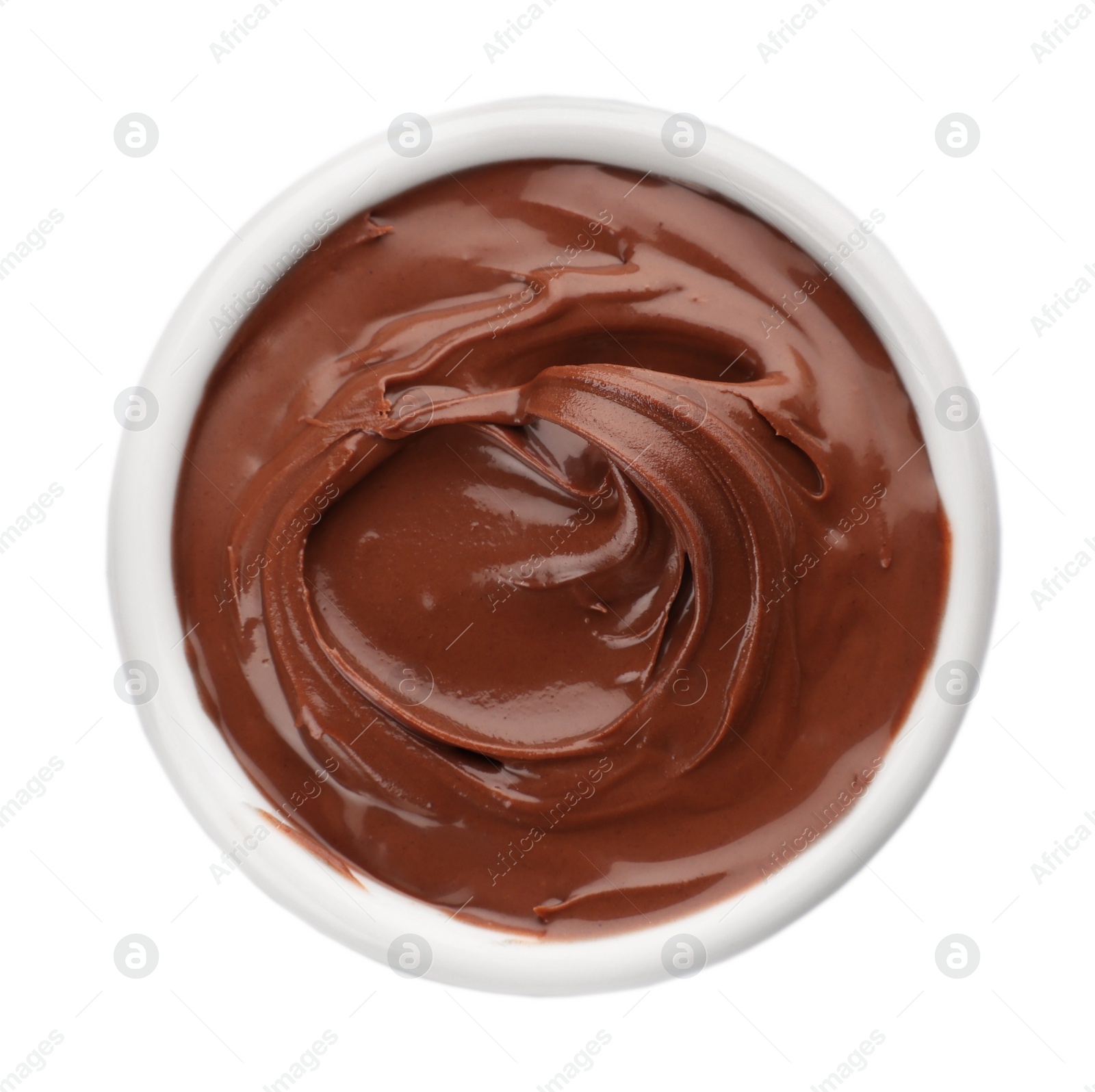 Photo of Bowl of chocolate paste isolated on white, top view