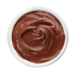 Photo of Bowl of chocolate paste isolated on white, top view