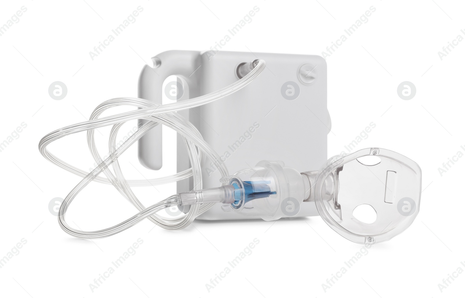 Photo of Modern nebulizer with face mask on white background. Inhalation equipment