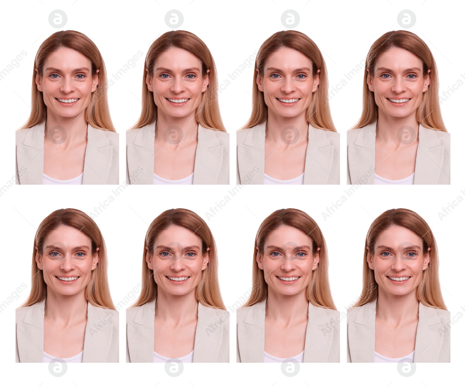 Image of Passport photo, collage. Woman on white background, set of photos