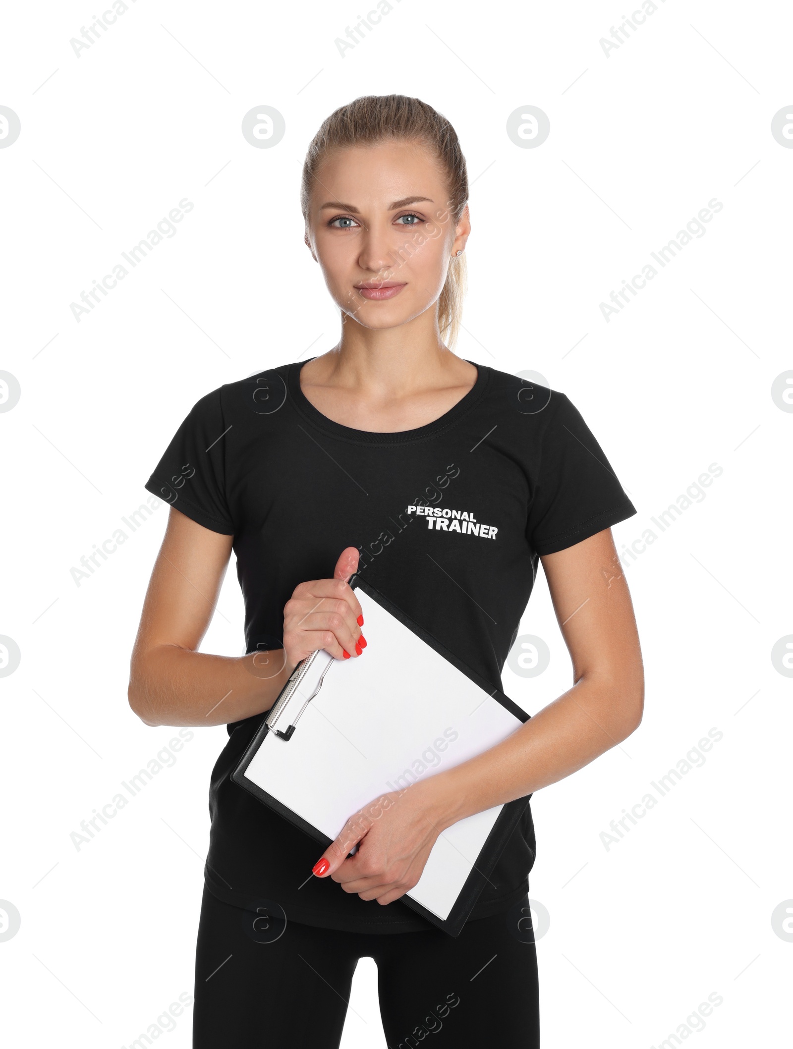 Photo of Portrait of personal trainer with clipboard on white background. Gym instructor