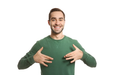 Photo of Man showing word EXCITED in sign language on white background