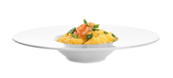 Photo of Plate with tasty shrimps and grits on white background