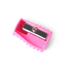 Modern pink pencil sharpener on white background, top view