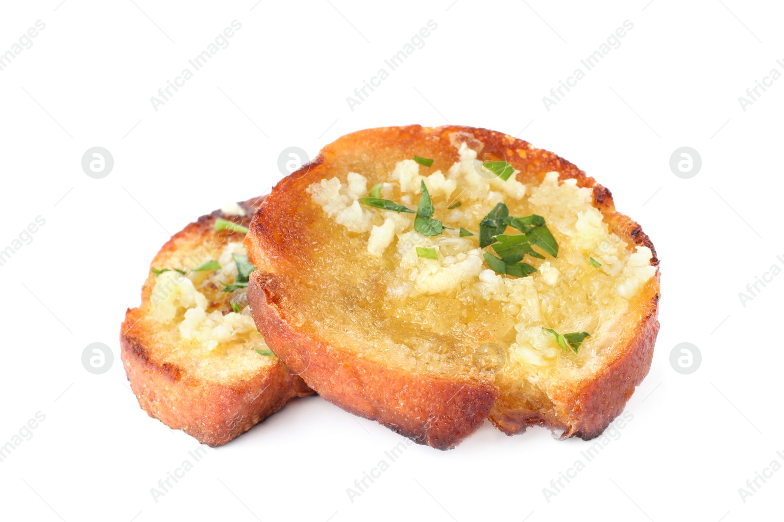 Photo of Slices of toasted bread with garlic and herb on white background