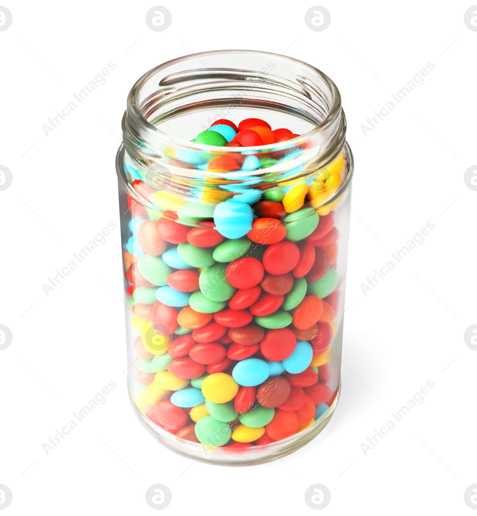 Photo of Jar with tasty colorful candies isolated on white