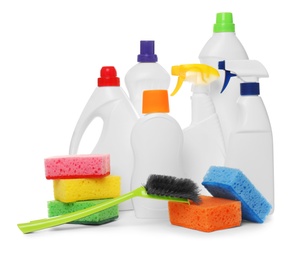 Photo of Different cleaning products and tools on white background